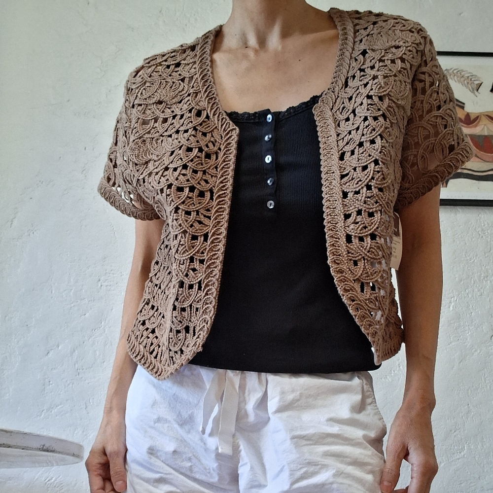 Coldwater Creek Brown Cropped Crochet  Cardigan Cottage Core